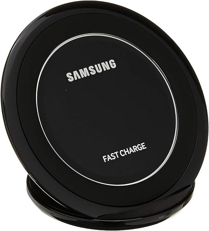 Caricatore wireless Samsung Fast Charge nero con bordo argentato.