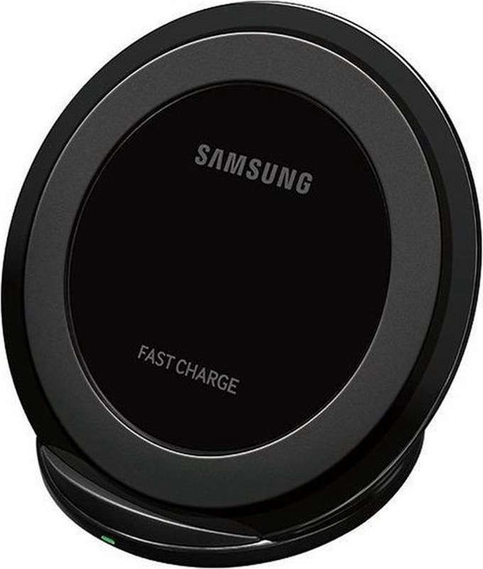 Supporto di ricarica wireless Samsung Fast Charge nero con indicatore luminoso.
