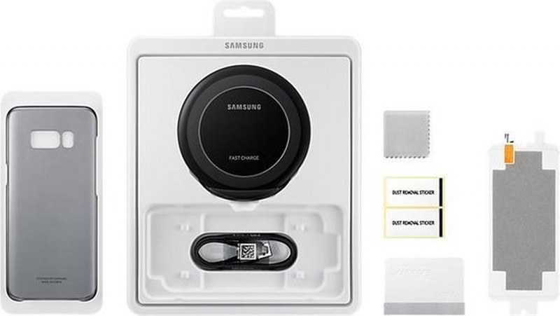 Caricatore wireless Samsung ricarica rapida, cover, cavo USB e kit protezione schermo.