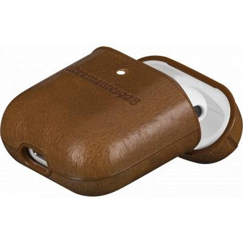 Custodia in pelle marrone per auricolari con un auricolare bianco all'interno.