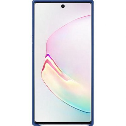 Un elegante smartphone azul con un módulo de cámara en la parte superior de la pantalla.
