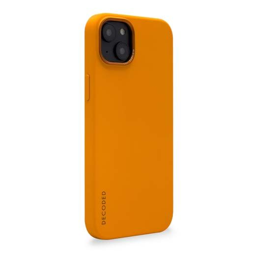 Una custodia per smartphone arancione con due fotocamere e la scritta DECODED.