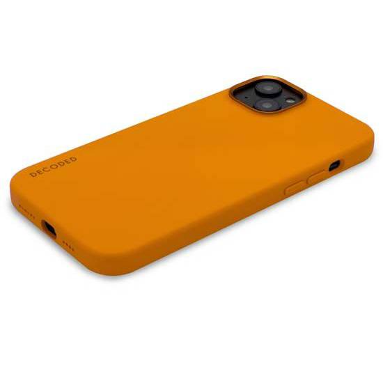Un telefono arancione con modulo fotocamera e logo DECODED.