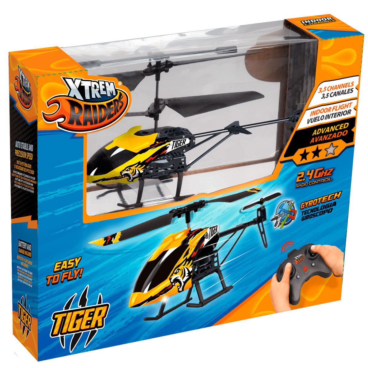 Helicóptero teledirigido en caja con dos modelos, mando y texto.