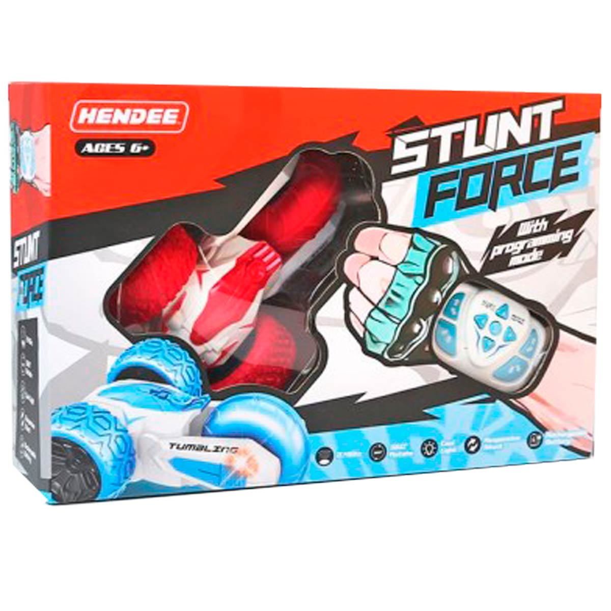 Caja de juguete Stunt Force con coche de acrobacias, mando y guante de acrobacias rojo.