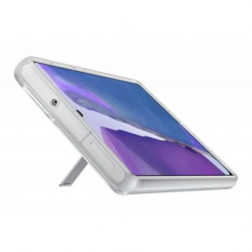 Ein weißes Smartphone in einer transparenten Hülle mit Ständer.