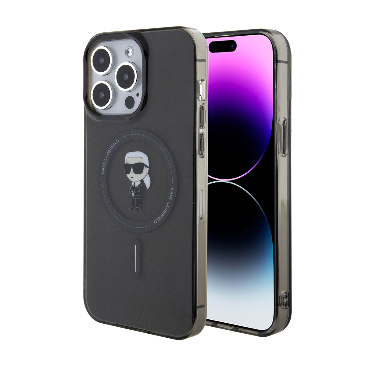 Ein schwarzes iPhone mit Karl Lagerfeld Hülle und einem Ringhalter.