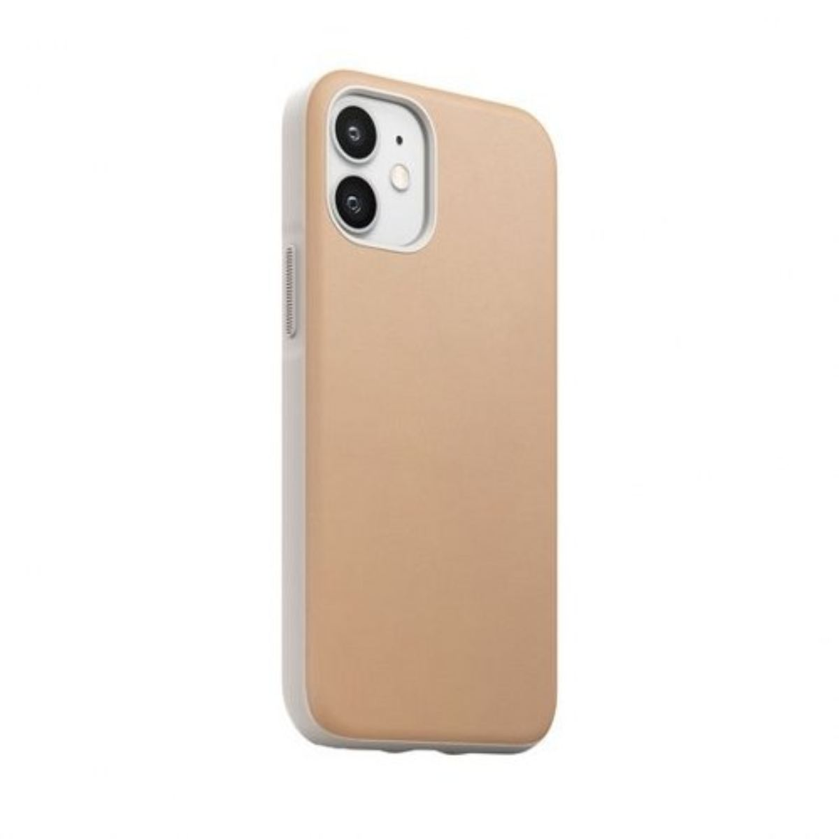 Una cover per telefono marrone chiaro con due fotocamere sul retro, su sfondo bianco.