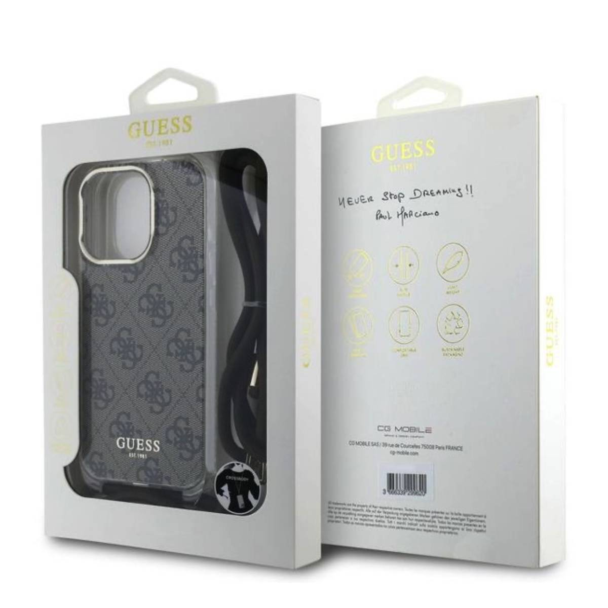 Custodia Guess con motivo logo e cinturino nella sua scatola.