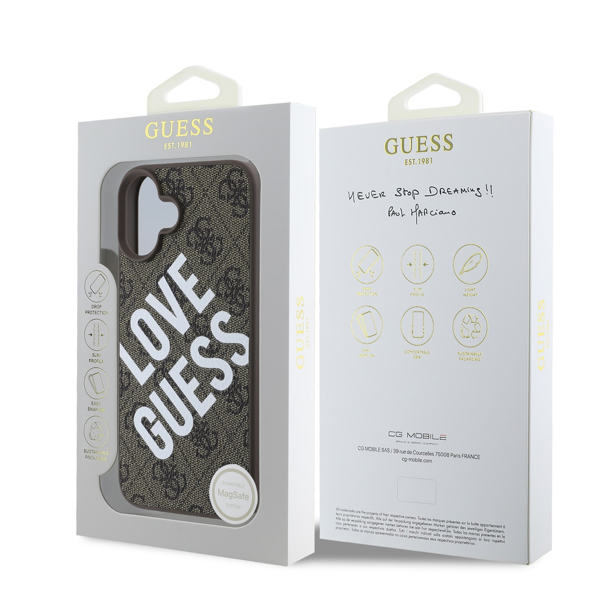 Custodia Guess marrone con scritta "Love Guess", compatibile MagSafe.