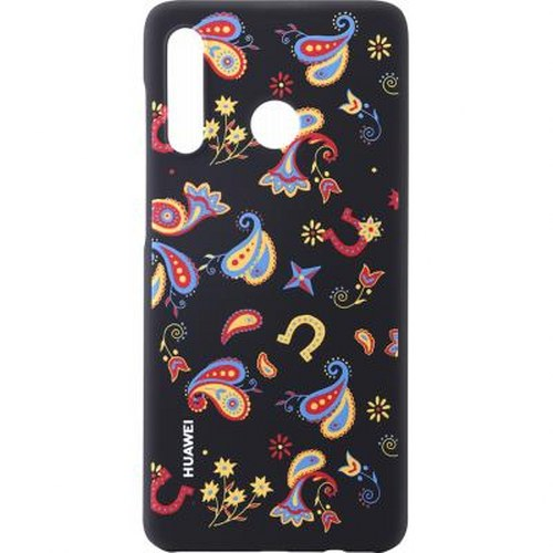 Cover nera per telefono con motivi cachemire, floreali e a ferro di cavallo colorati.