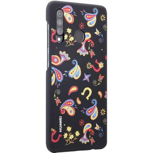 Cover nera per telefono con motivi cachemire colorati, stelle e ferri di cavallo.