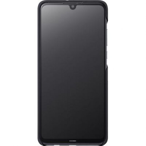 Uno smartphone nero in una custodia, vista frontale.