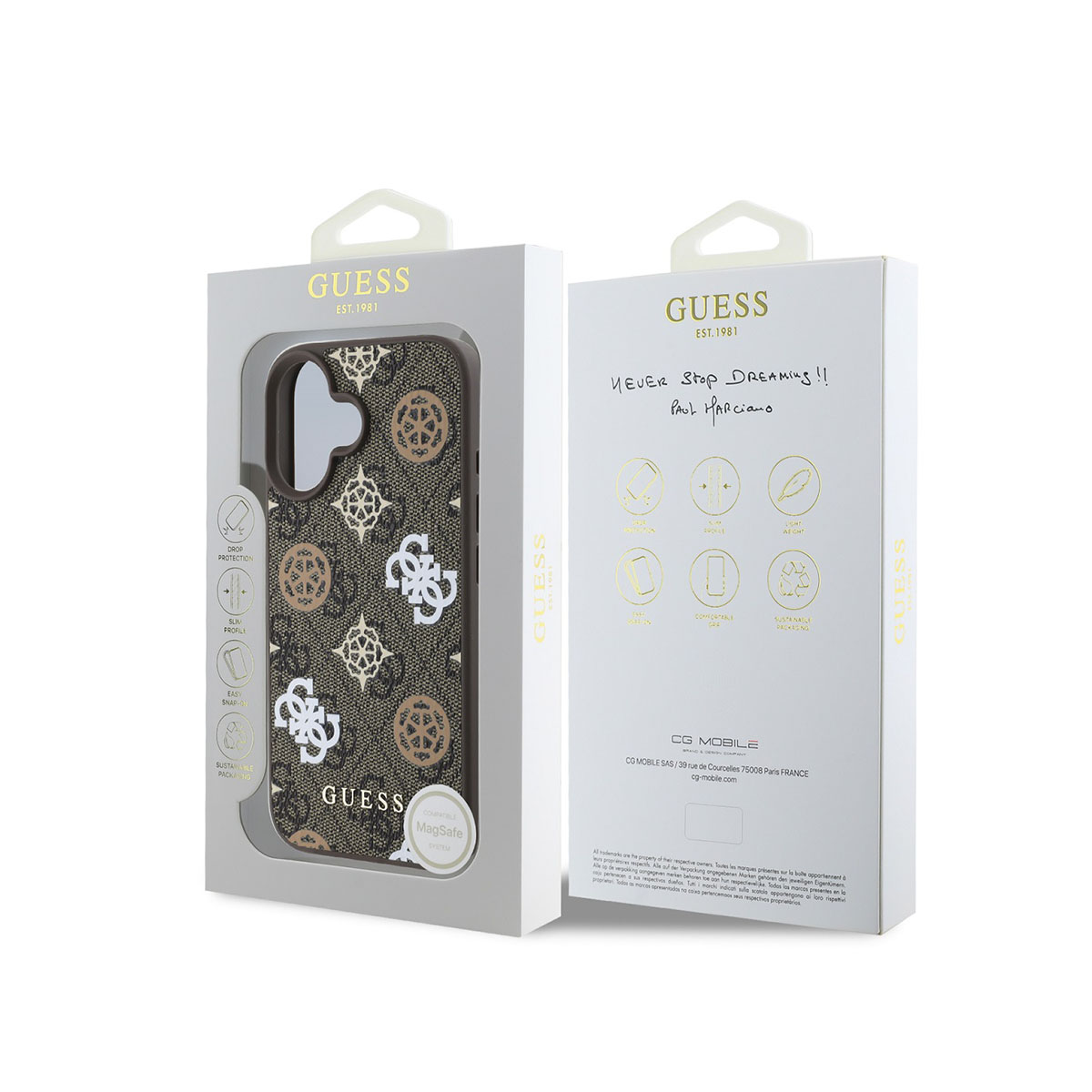 Custodia Guess con motivo monogramma in confezione marrone, compatibile MagSafe.