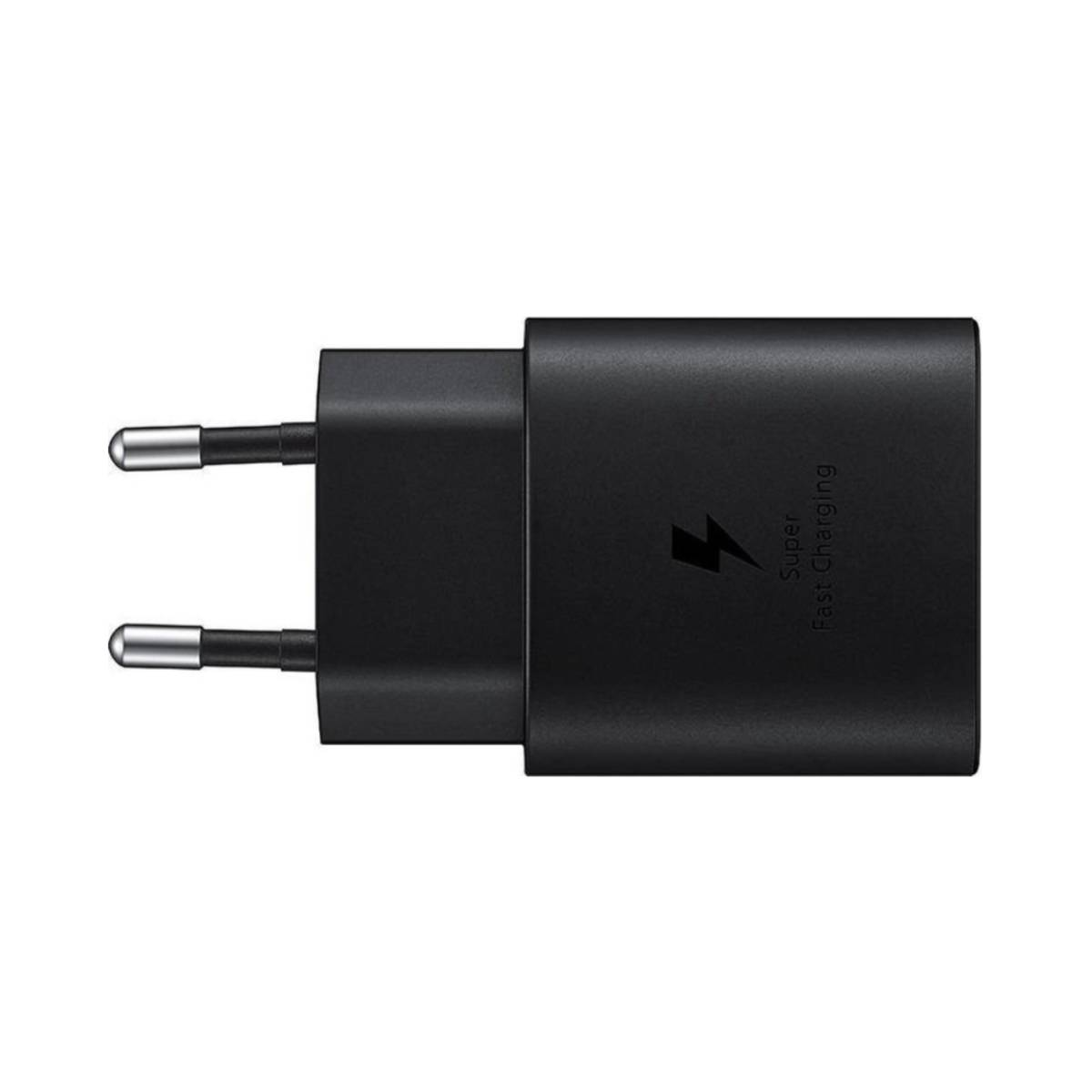 Un adaptador Samsung Super Fast Charging negro con dos clavijas metálicas.