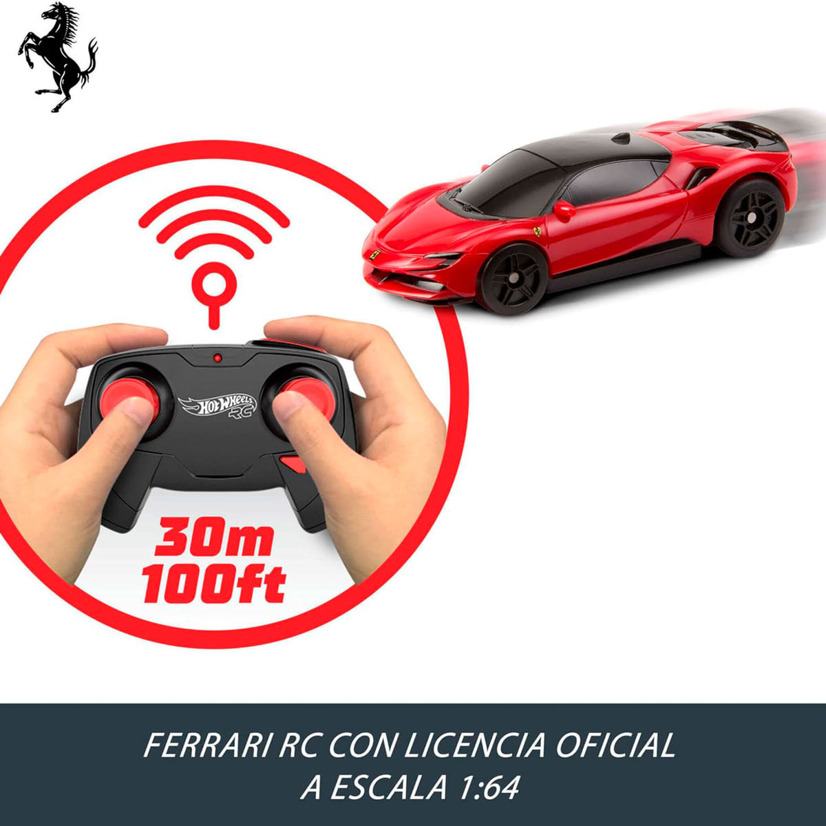 Coche Ferrari RC rojo con mando y logo de Ferrari.