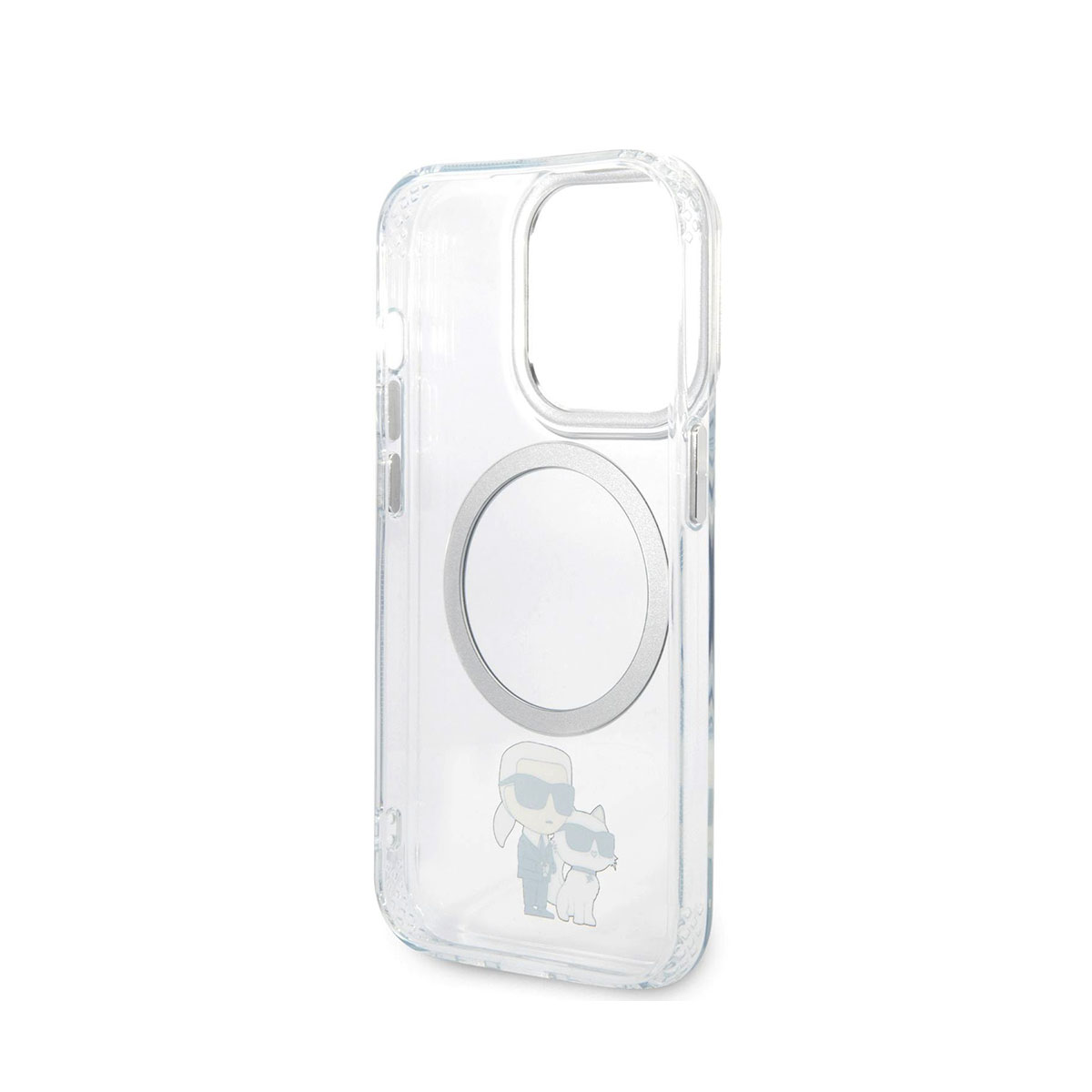 Transparente Handyhülle mit Karl Lagerfeld und Katze-Motiv und MagSafe-Ring.