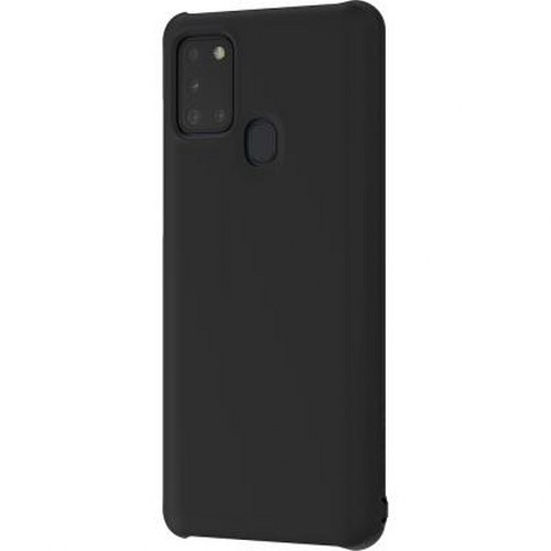 Custodia nera per telefono con modulo fotocamera rettangolare e sensore impronte.