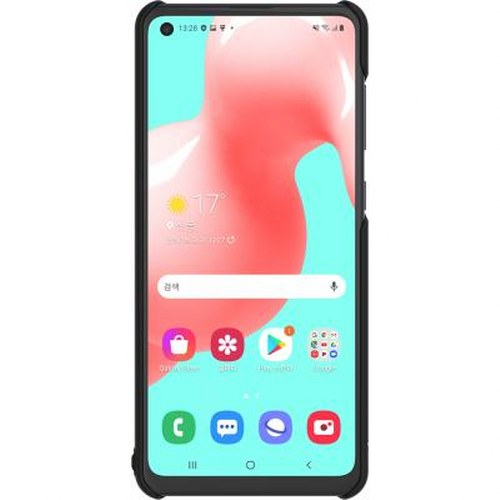 Uno smartphone nero mostra la schermata principale con meteo e app. Sfondo astratto.
