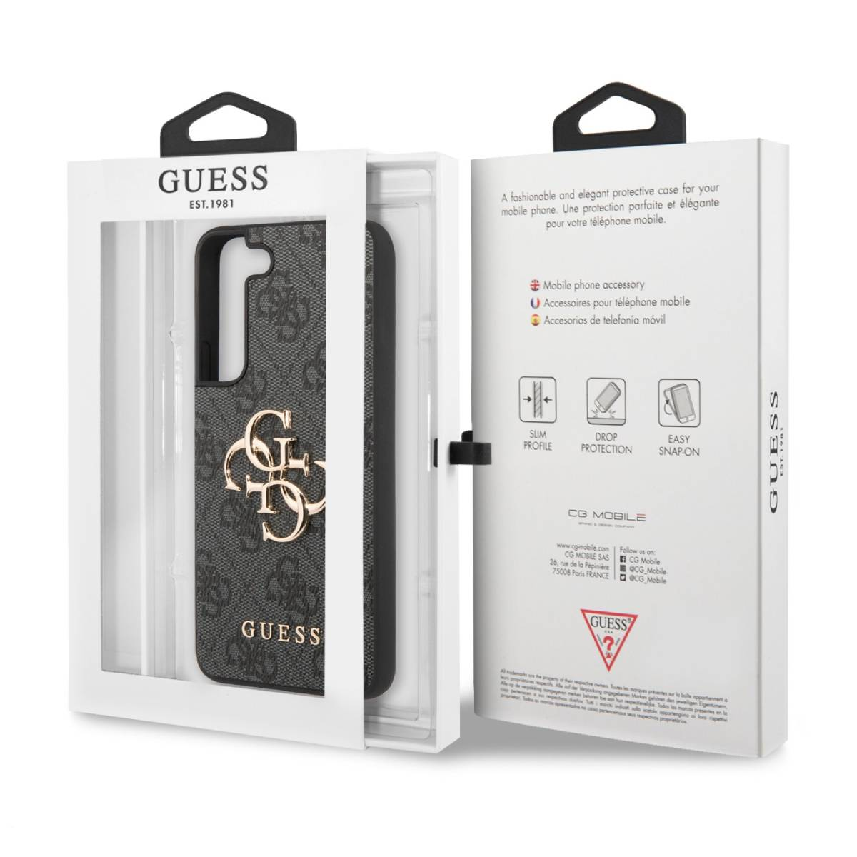 Custodia GUESS grigia con logo G dorato e informazioni sul prodotto.