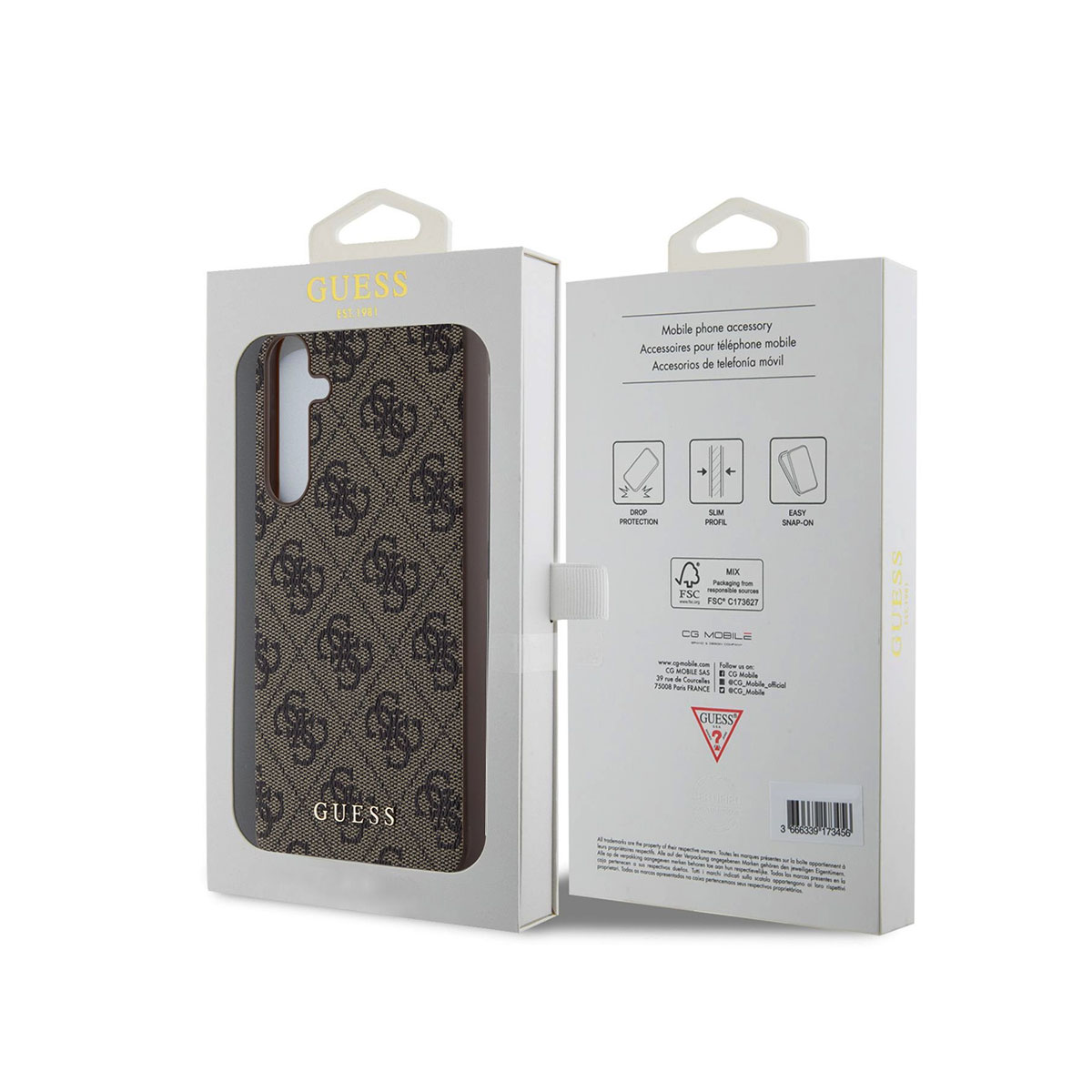 Custodia Guess con motivo a G marrone in confezione bianca con info prodotto.