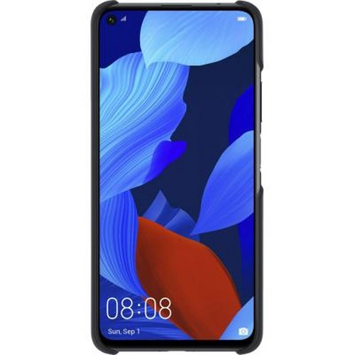 Teléfono inteligente negro con fondo abstracto azul y naranja. Hora 08:08.