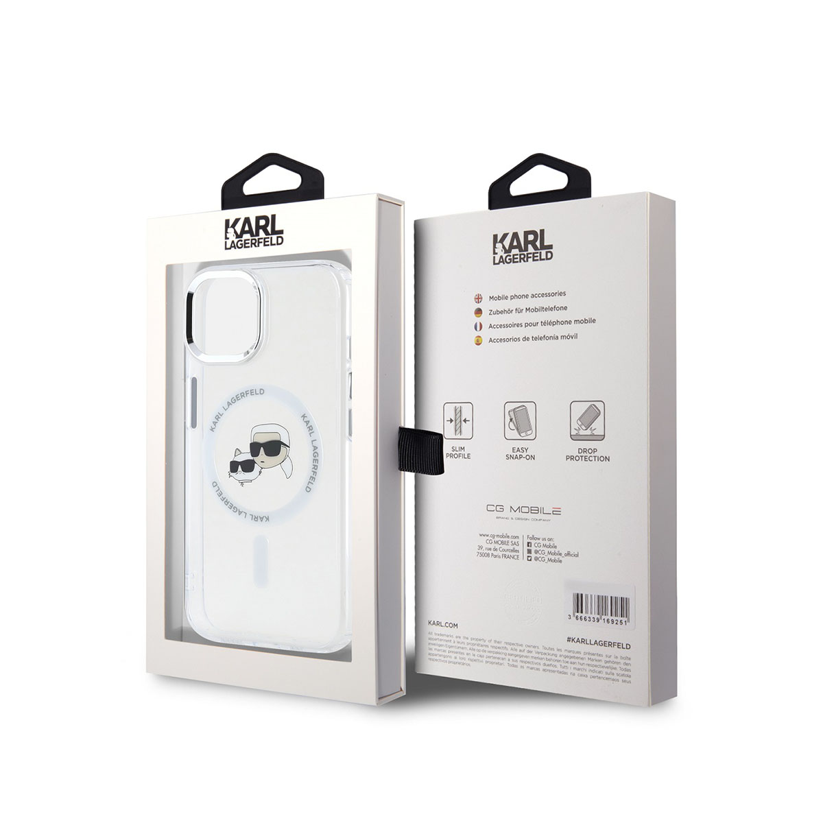 Custodia Karl Lagerfeld per iPhone in confezione bianca con illustrazione moda.
