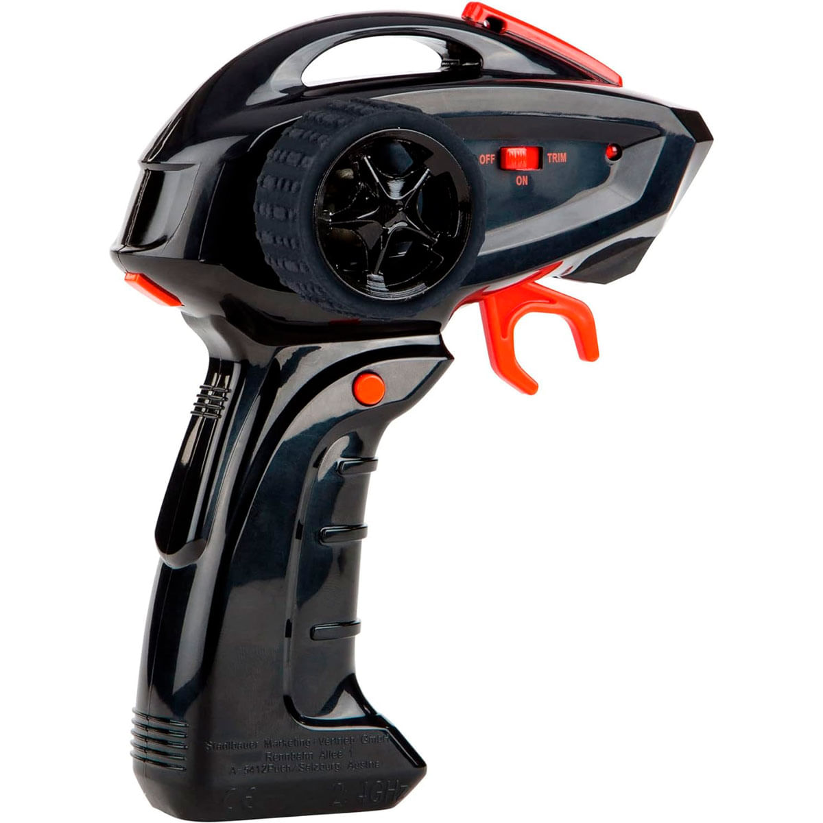 Controlador RC negro con gatillo y rueda rojos. Incluye interruptores.