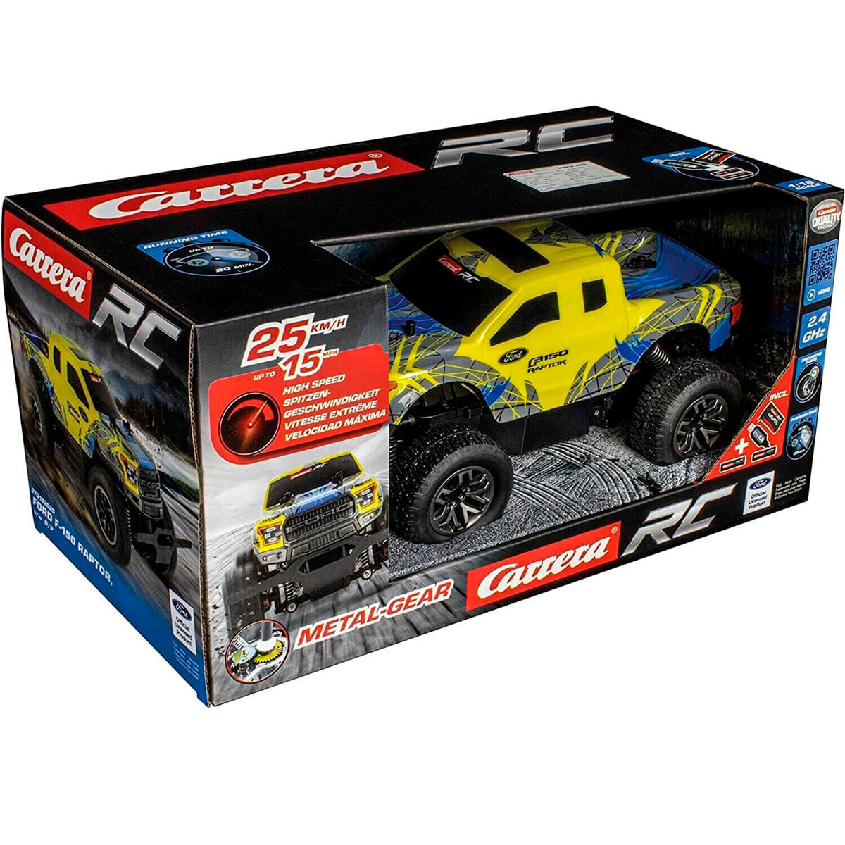 Caja de un coche RC Ford F-150 Raptor amarillo con gráficos azules y grises.