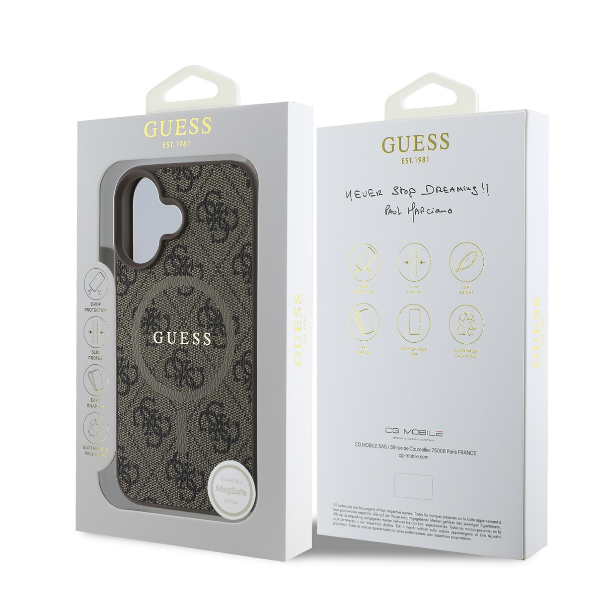 Custodia Guess in confezione monogramma marrone/grigio con sistema MagSafe.