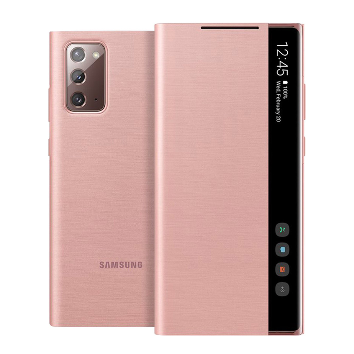 Telefono Samsung oro rosa con cover che mostra ora e icone.