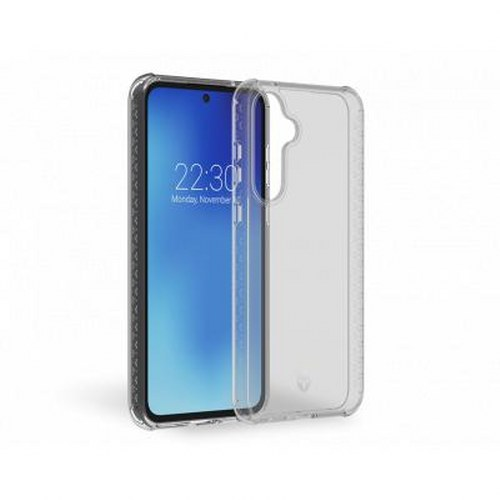 Una cover trasparente per telefono accanto a uno smartphone con schermo blu.