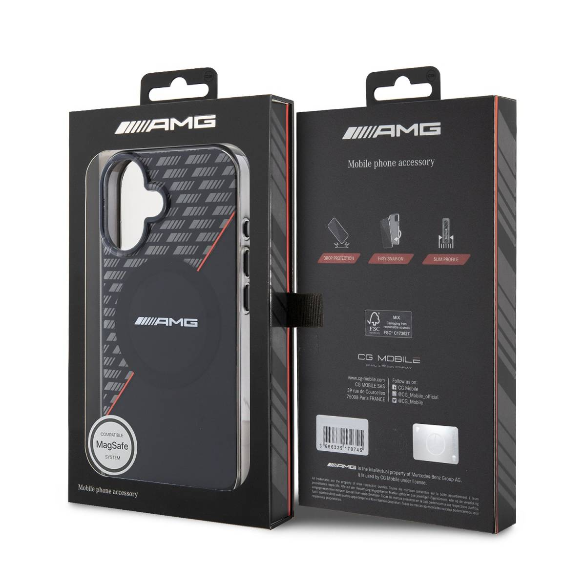 Custodia per telefono AMG in confezione nera con simbolo MagSafe.