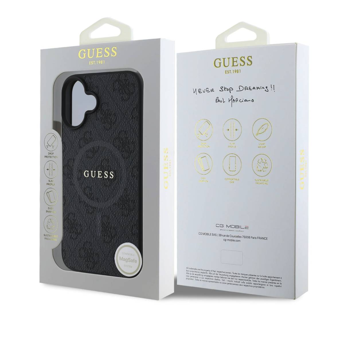 Custodia Guess in fantasia nera, confezionata in scatola bianca con caratteristiche.