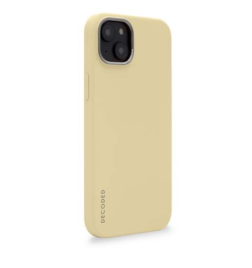 Una custodia per telefono giallo pallido con ritaglio doppia fotocamera e logo in rilievo.