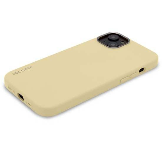 Una custodia per telefono giallo chiaro con un rigonfiamento per fotocamera e testo "DECODED".