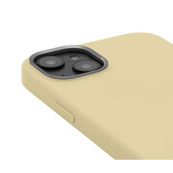 Retro di un telefono giallo chiaro con modulo fotocamera nero e due obiettivi.