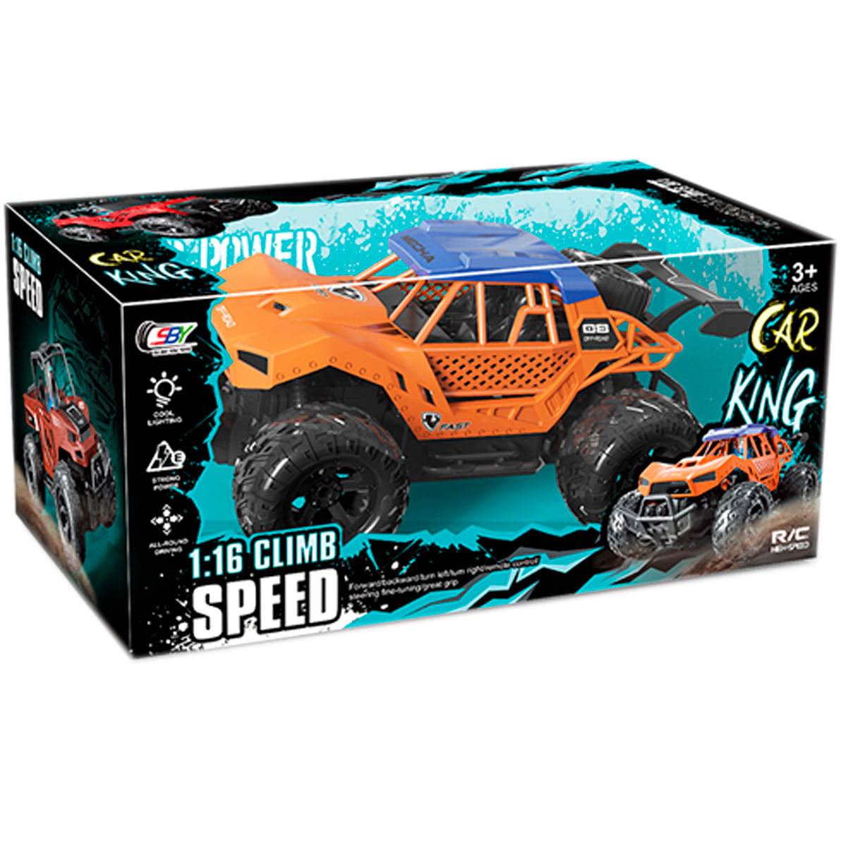 Embalaje de un coche naranja a control remoto con ruedas grandes y cabina azul.