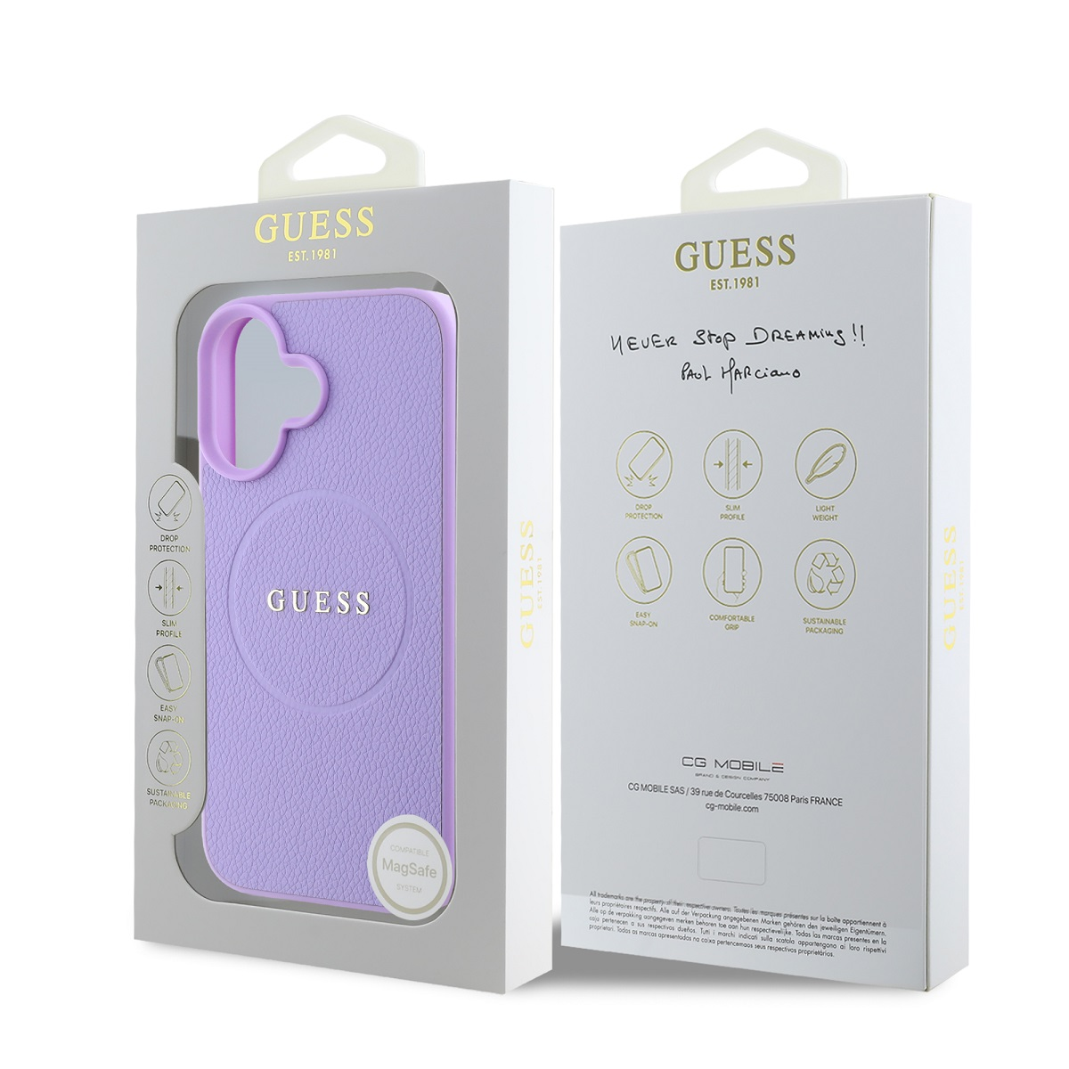 Custodia viola GUESS in confezione con dettagli prodotto e icone.