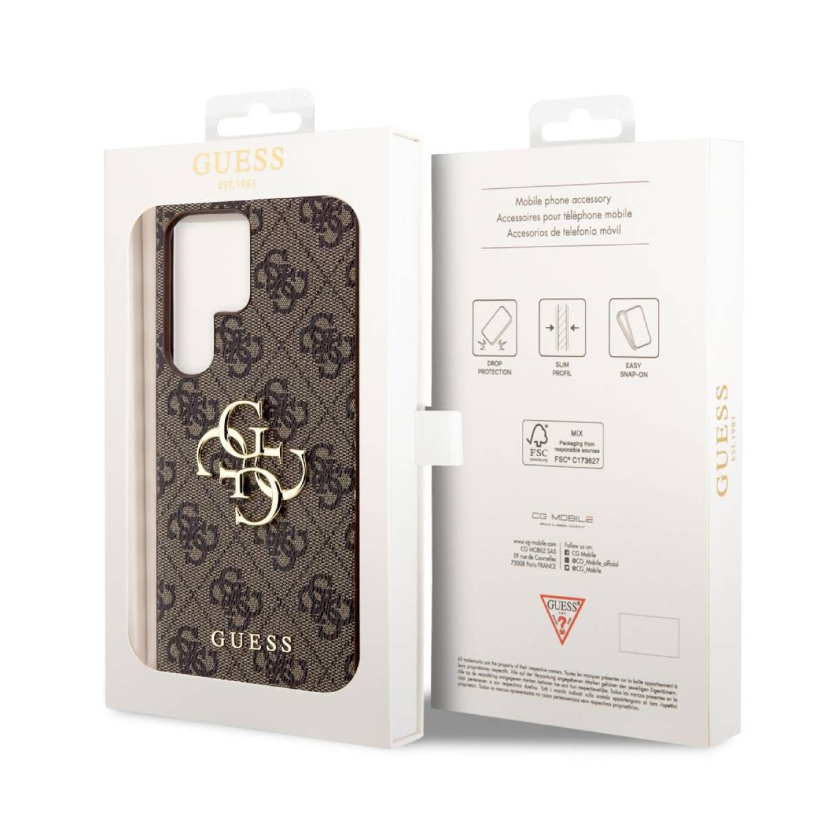 Custodia Guess con motivo monogramma marrone e logo dorato in confezione.
