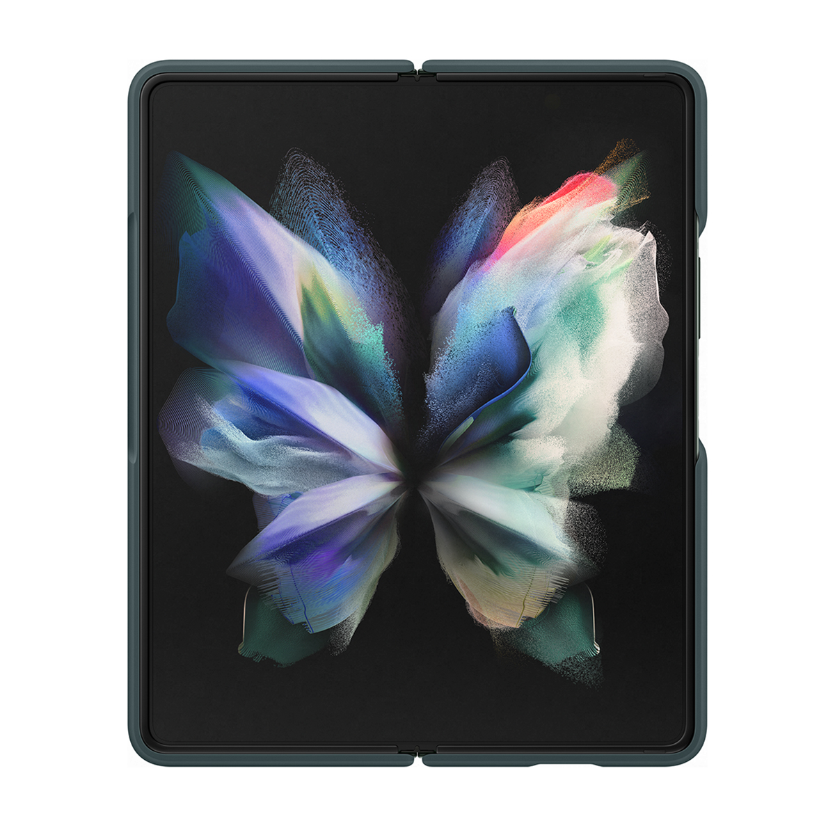 Un smartphone plegable abierto en una funda oscura, mostrando un patrón de mariposa colorido en su pantalla.