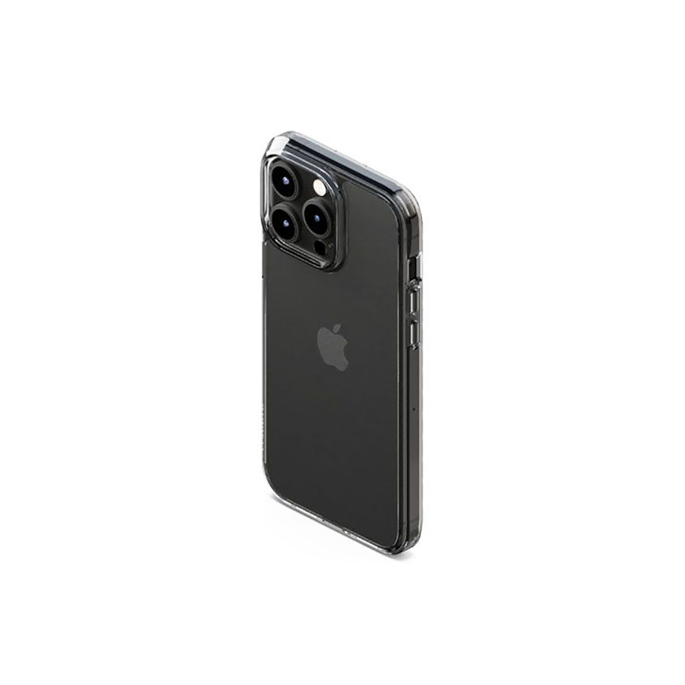 Custodia protettiva trasparente su un iPhone scuro con tre fotocamere.