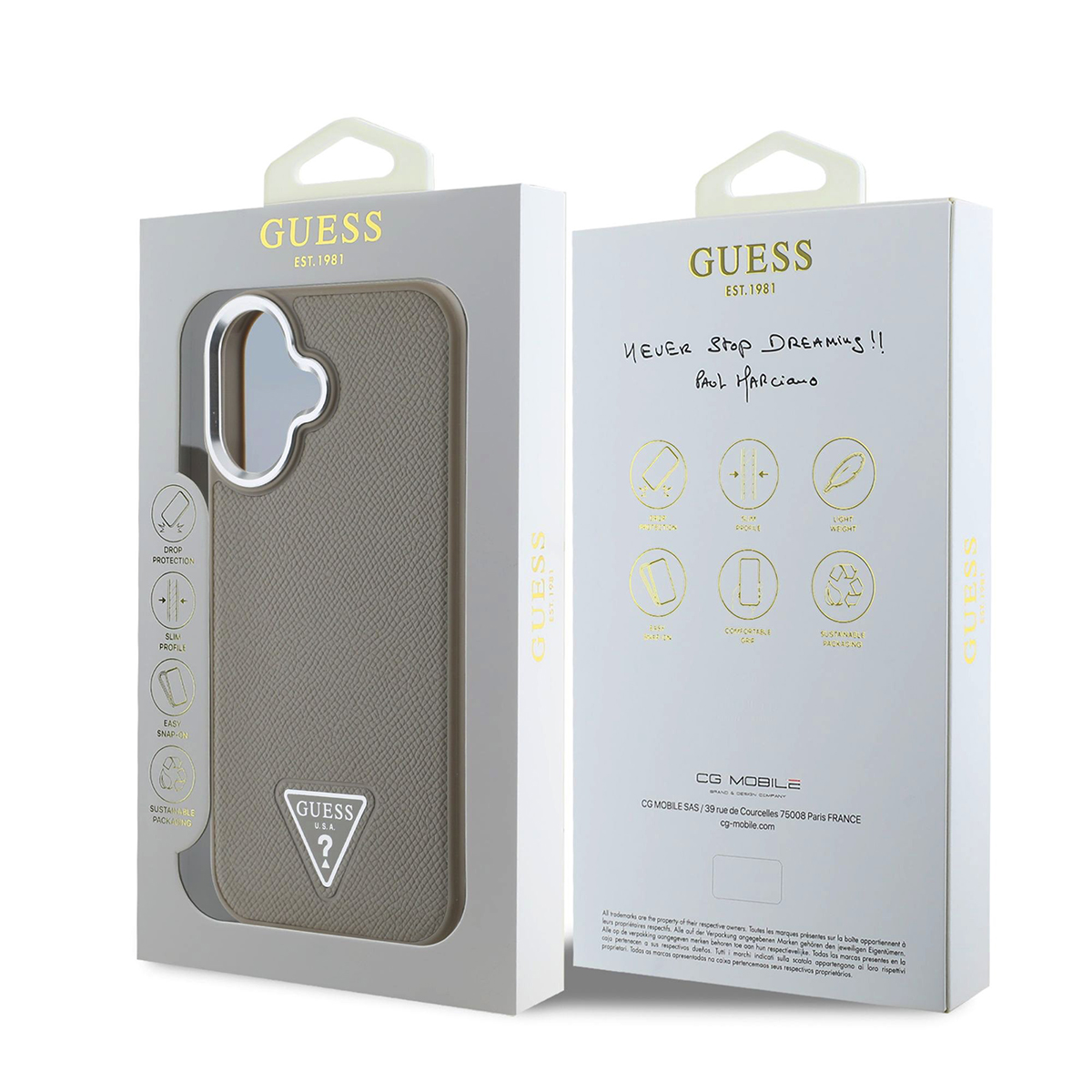 Custodia per telefono GUESS grigia con bordo argentato e logo del marchio sulla confezione.