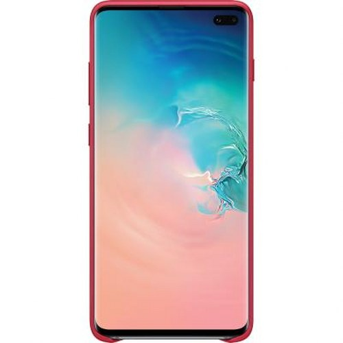 Uno smartphone rosso con schermo colorato mostrato su sfondo bianco.