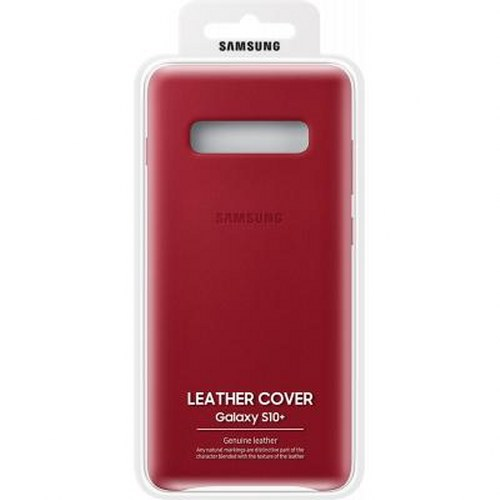 Cover in pelle rossa Samsung per Galaxy S10+ in confezione.