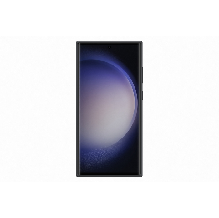 Smartphone scuro con sfondo viola/blu. Cerchio bianco al centro.