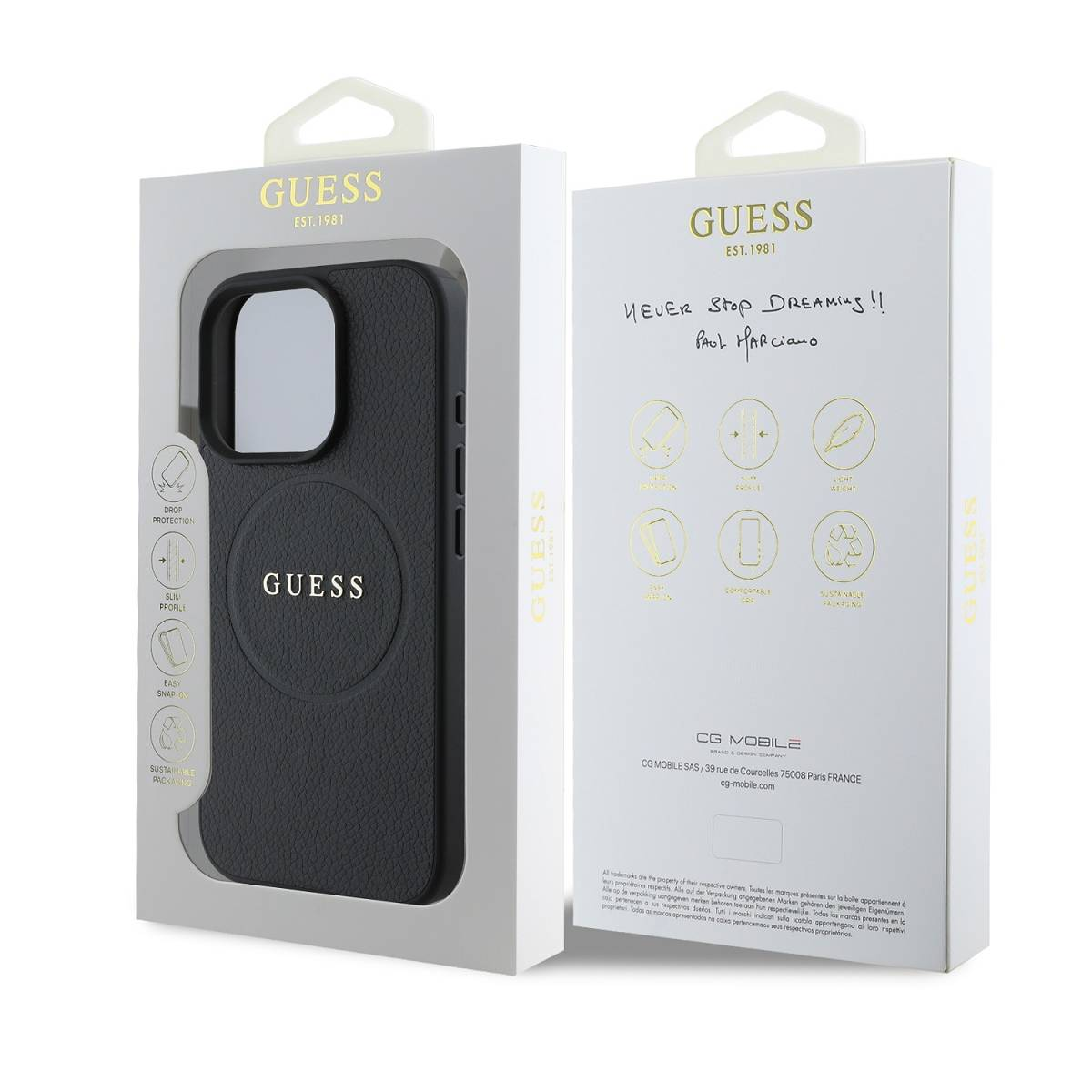 Custodia nera GUESS in confezione con descrizioni.