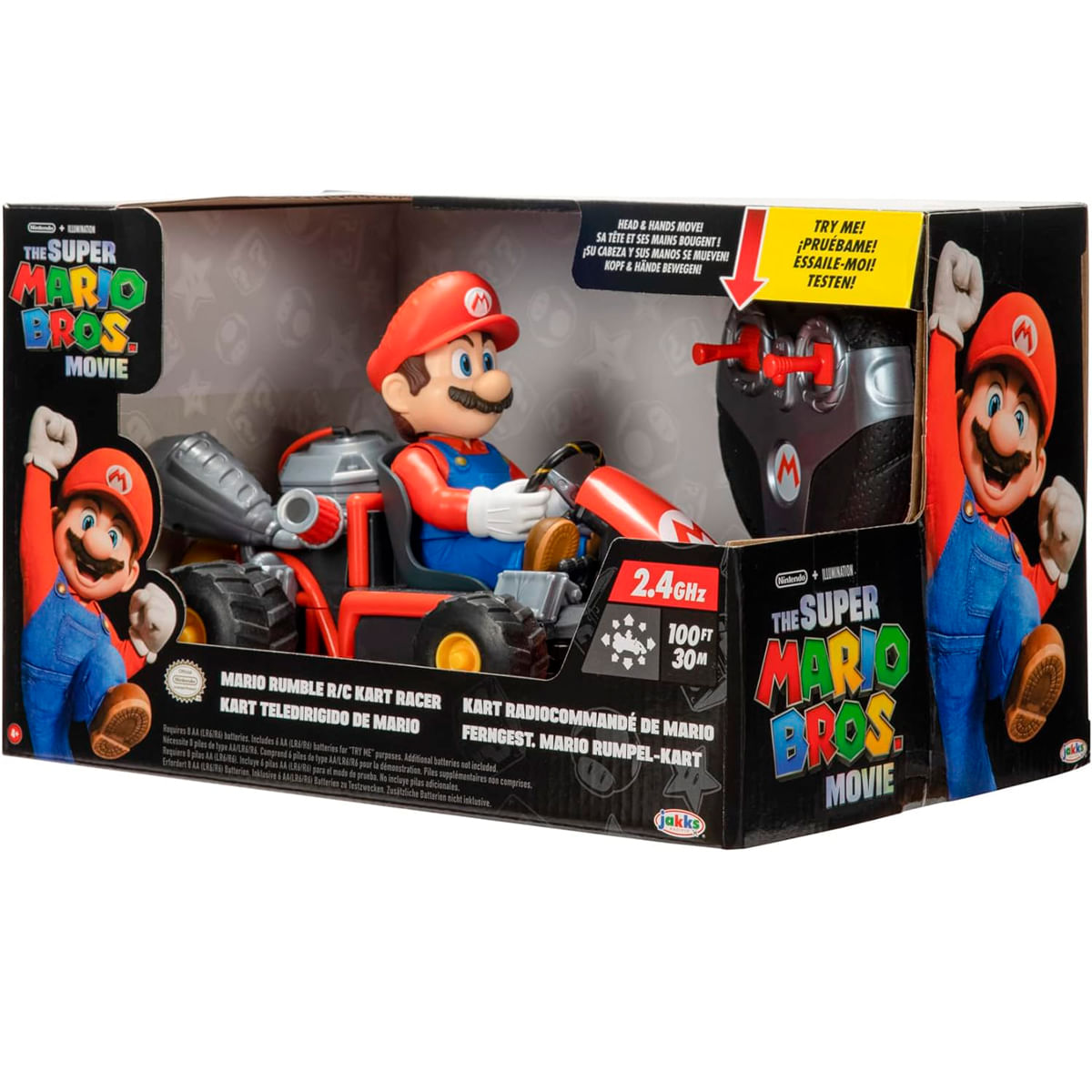 Mario en un kart R/C de Super Mario Bros. Movie con mando. Caja muestra a Mario.