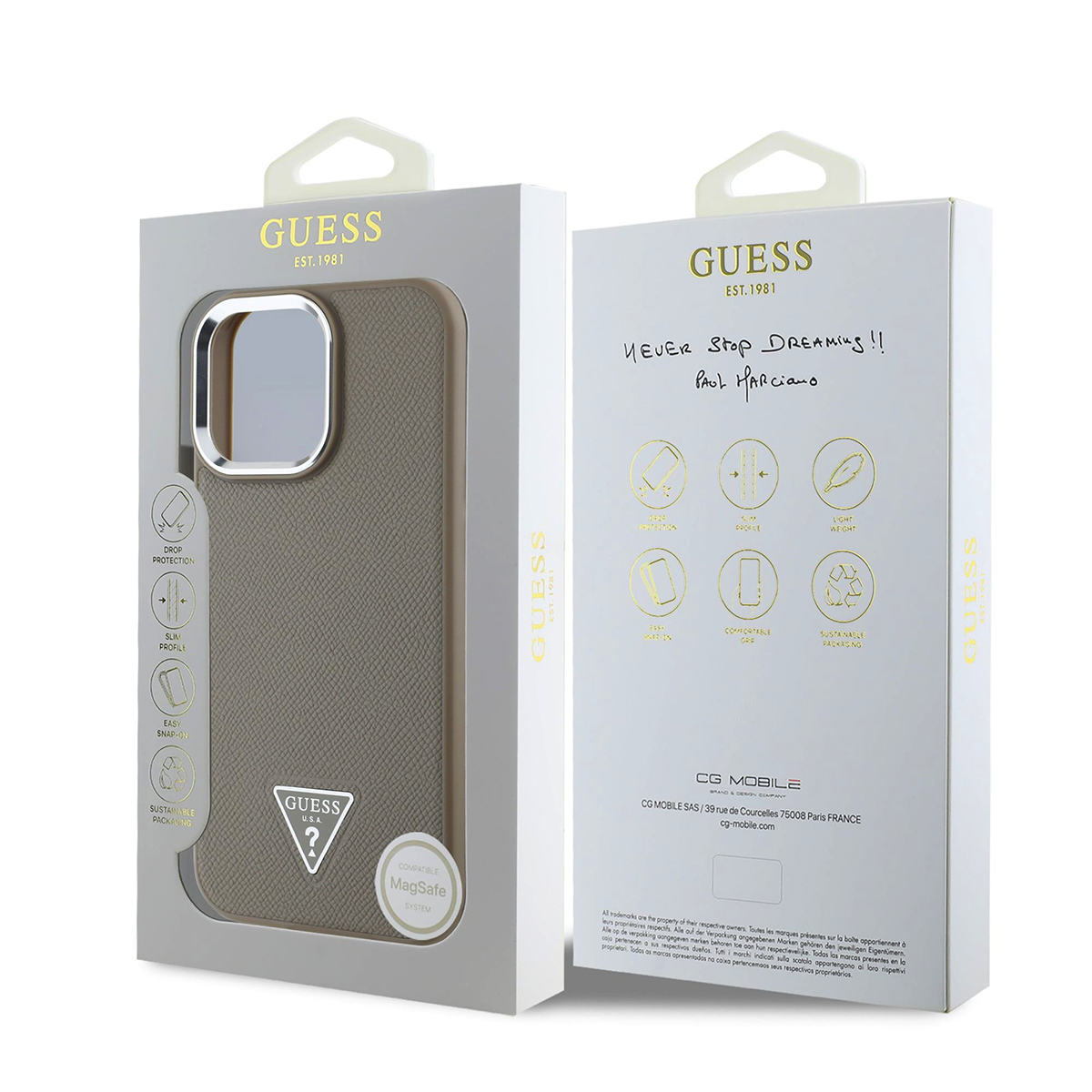 Graue Guess Handyhülle mit silbernem Rand in Verpackung mit Produktmerkmalen.