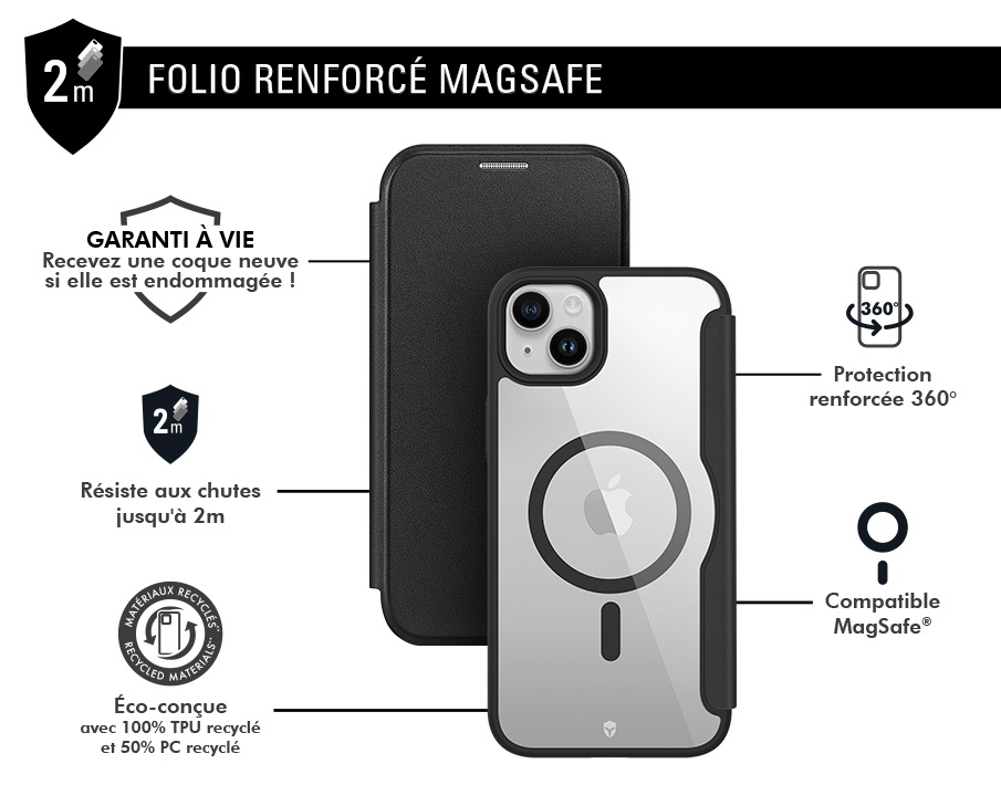 Custodia nera per iPhone con MagSafe. Protezione caduta 2m e garanzia a vita. Ecologica.